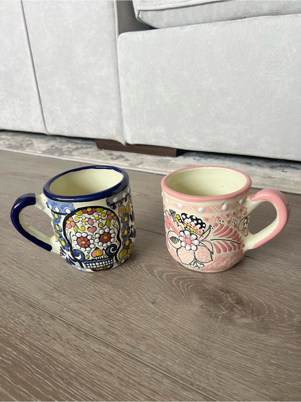 Handmade Mexican Pottery 2 Coffee Mugs Cups Talavera Pink Blue Butterfly Skull